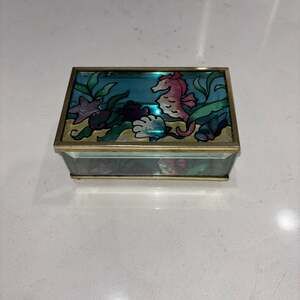 Joan Baker Designs Hand-Painted Stained Glass Trinket Box with Seahorse Design